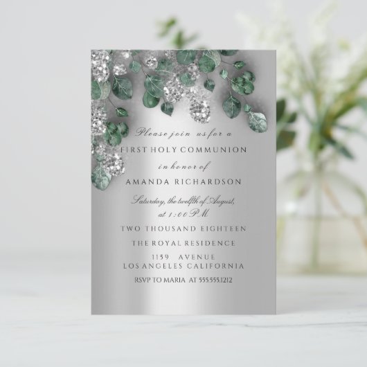 Groen Zilver Eerste Heilige Communie Christelijk K Kaart (Staand voorkant)