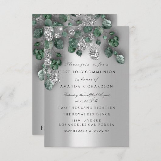 Groen Zilver Eerste Heilige Communie Christelijk K Kaart (Voorkant / Achterkant)