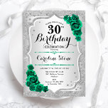 Groen Zilver Elegant Bloemen 30e Verjaardag Kaart<br><div class="desc">Uitnodiging voor het 30e verjaardagsfeestje. Elegant bloemig smaragdgroen design met rozen. Beschikt over faux glitter zilveren strepen en script lettertype. Perfect voor een stijlvolle vrouwendag. Kan voor om het even welke leeftijd worden aangepast! Gedrukte Zazzle-uitnodigingen of direct download digitale afdrukbare sjabloon.</div>