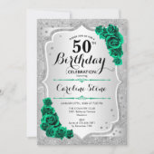 Groen Zilver Elegant Bloemen 50ste Verjaardag Kaart (Voorkant)