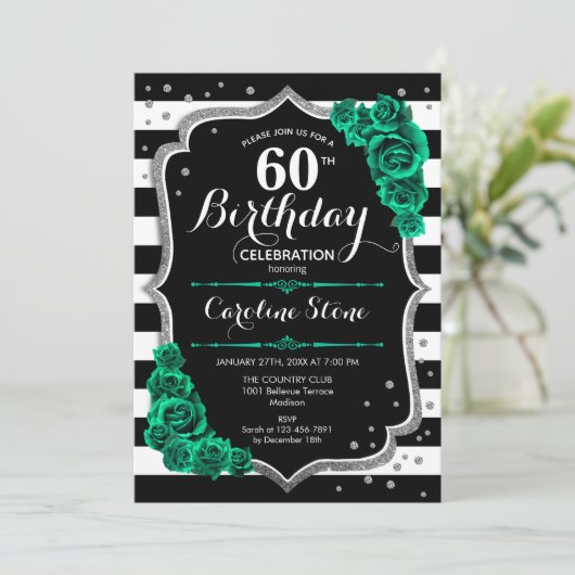 Groen Zilver Elegant Bloemen 60ste Verjaardag Kaart (Staand voorkant)