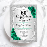 Groen Zilver Elegant Bloemen 60ste Verjaardag Kaart<br><div class="desc">Uitnodiging voor het 60e verjaardagsfeestje. Elegant bloemig smaragdgroen design met rozen. Beschikt over faux glitter zilveren strepen en script lettertype. Perfect voor een stijlvolle vrouwendag. Kan voor om het even welke leeftijd worden aangepast! Gedrukte Zazzle-uitnodigingen of direct download digitale afdrukbare sjabloon.</div>