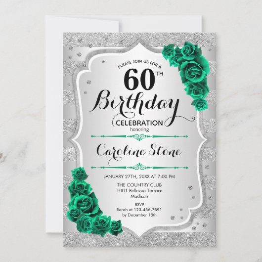 Groen Zilver Elegant Bloemen 60ste Verjaardag Kaart (Voorkant)