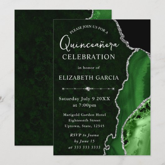 Groen & Zilver Glitter Agaat Quinceanera Kaart (Voorkant / Achterkant)