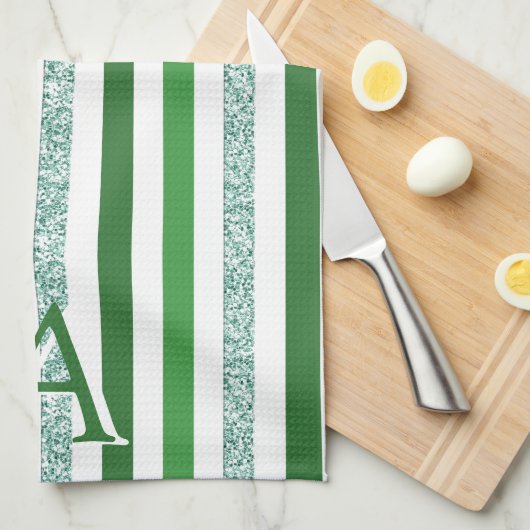 Groen Zilver Glitter Gestreept Initiaal Modern Tre Theedoek (Quarter Fold)
