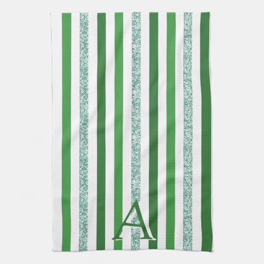 Groen Zilver Glitter Gestreept Initiaal Modern Tre Theedoek (Verticaal)