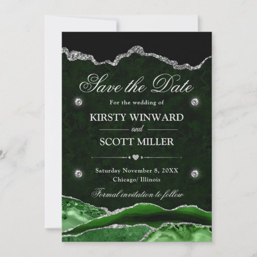 Groen Zilver Glitter Marmer Agate Save the Date (Voorkant)