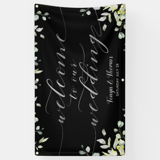 Groen Zilver Kalligrafie Zwart Welkom Trouwen Spandoek (Verticaal)