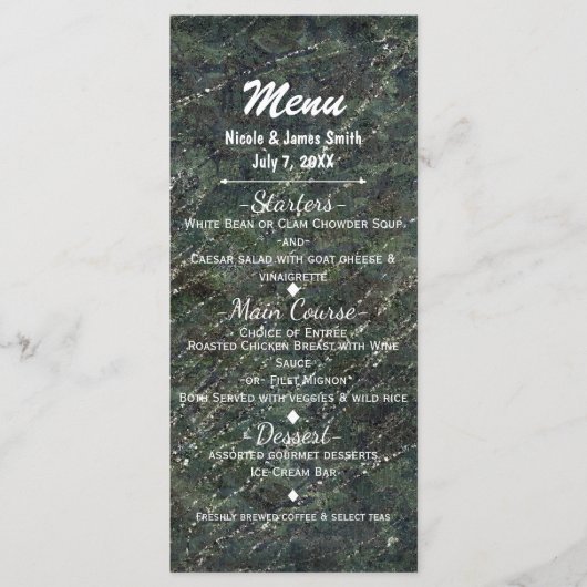 Groen & Zilver Leger Camo Glitters Glam Feest Menu (Voorkant)