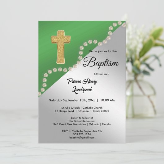 Groen & Zilver Metallic & Parels Doop Kaart (Staand voorkant)