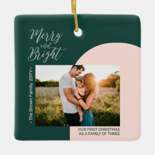 Groen & Zilver Modern Foto Kerst Familie Keramisch Ornament