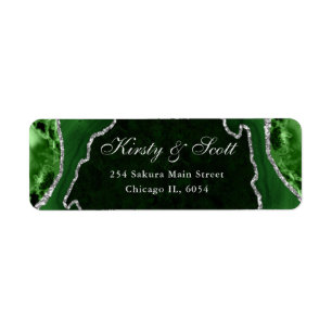 Groen & Zilver Nep Glitter Agate Trouwadres Etiket