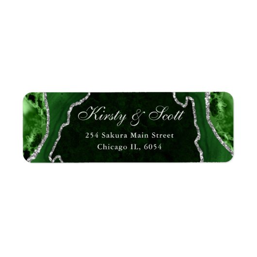 Groen & Zilver Nep Glitter Agate Trouwadres Etiket (Voorkant)