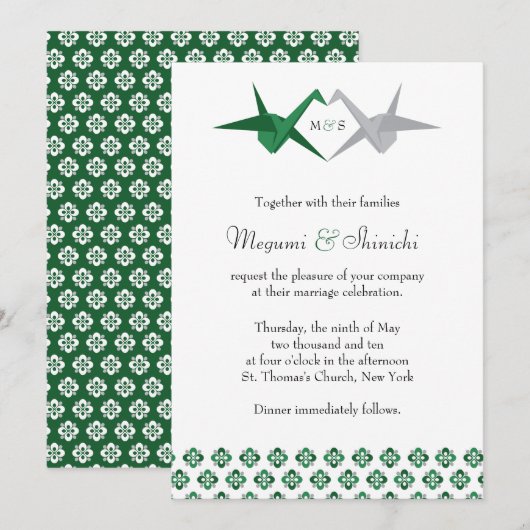 Groen / Zilver Origami Kranen Huwelijk Kaart (Voorkant / Achterkant)