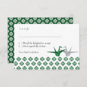 Groen / Zilver Origami Kranen Huwelijk RSVP Kaart (Voorkant / Achterkant)