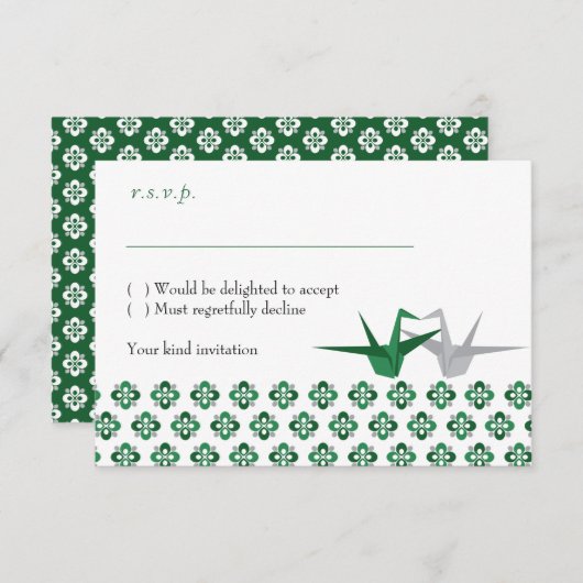 Groen / Zilver Origami Kranen Huwelijk RSVP Kaart (Voorkant / Achterkant)