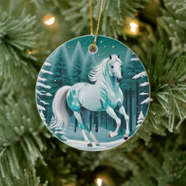 Groen Zilver Paard in Betoverd Bos Keramisch Ornament