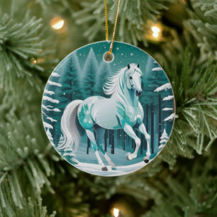 Groen Zilver Paard in Betoverd Bos Keramisch Ornament