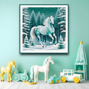 Groen Zilver Paard in Betoverd Bos Poster