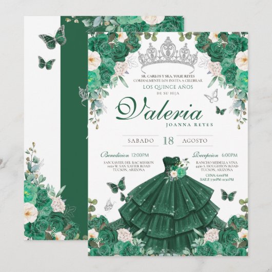 Groen Zilver Rozen Elegant Princess Quinceanera Kaart (Voorkant / Achterkant)