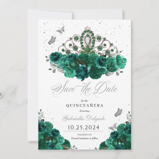 Groen & Zilver Tiara Bewaar de datum Quinceañera Kaart (Voorkant)