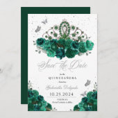 Groen & Zilver Tiara Bewaar de datum Quinceañera Kaart (Voorkant / Achterkant)