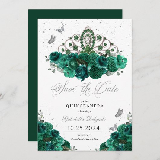 Groen & Zilver Tiara Bewaar de datum Quinceañera Kaart (Voorkant / Achterkant)