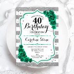 Groen Zilver Wit Strepen Bloemen 40e Verjaardag Kaart<br><div class="desc">Uitnodiging voor het 40e verjaardagsfeestje. Elegant bloemig smaragdgroen design met rozen. Beschikt over faux glitter zilver en witte strepen en script lettertype. Perfect voor een stijlvolle vrouwendag. Kan voor om het even welke leeftijd worden aangepast! Gedrukte Zazzle-uitnodigingen of direct download digitale afdrukbare sjabloon.</div>