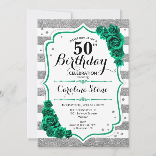 Groen Zilver Wit Strepen Bloemen 50ste Verjaardag Kaart (Voorkant)