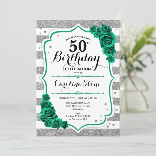 Groen Zilver Wit Strepen Bloemen 50ste Verjaardag Kaart (Staand voorkant)