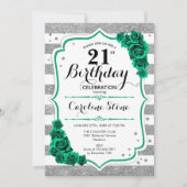 Groen Zilver Wit Strepen Rozen 21e Verjaardag Kaart (Voorkant)