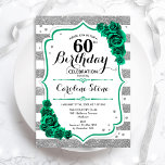Groen Zilver Wit Strepen Rozen 60e Verjaardag Kaart<br><div class="desc">Uitnodiging voor het 60e verjaardagsfeestje. Elegant bloemig smaragdgroen design met rozen. Beschikt over faux glitter zilver en witte strepen en script lettertype. Perfect voor een stijlvolle vrouwendag. Kan voor om het even welke leeftijd worden aangepast! Gedrukte Zazzle-uitnodigingen of direct download digitale afdrukbare sjabloon.</div>