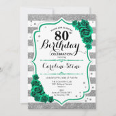 Groen Zilver Wit Strepen Rozen 80e Verjaardag Kaart (Voorkant)