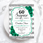 Groen Zilver Wit Verrassing 60ste Verjaardag Kaart<br><div class="desc">Verrassing 60e verjaardag feestuitnodiging. Vrouwelijk smaragdgroen ontwerp met faux glitter zilver. Met witte en zilveren strepen,  rozen,  script lettertype en confetti. Perfect voor een elegante viering van een vrouwendag. Kan worden gepersonaliseerd om elke leeftijd te shows. Gedrukte Zazzle-uitnodigingen of direct download digitale afdrukbare sjabloon.</div>