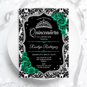 Groen Zilver Zwart Damast Elegant Quinceanera Kaart