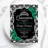 Groen Zilver Zwart Damast Elegant Quinceanera Kaart
