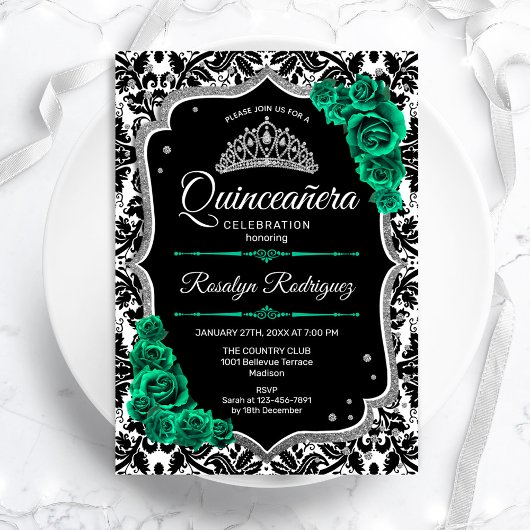 Groen Zilver Zwart Damast Elegant Quinceanera Kaart