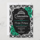 Groen Zilver Zwart Damast Elegant Quinceanera Kaart (Voorkant)