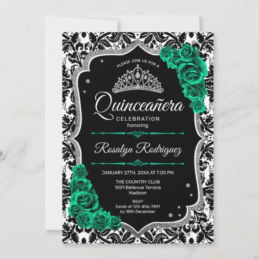 Groen Zilver Zwart Damast Elegant Quinceanera Kaart (Voorkant)