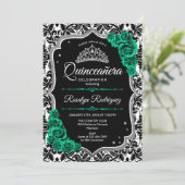 Groen Zilver Zwart Damast Elegant Quinceanera Kaart (Staand voorkant)