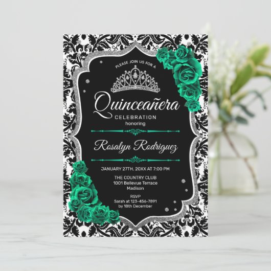 Groen Zilver Zwart Damast Elegant Quinceanera Kaart (Staand voorkant)