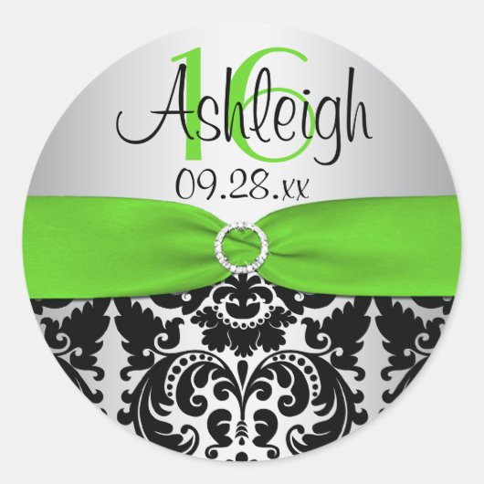 Groen, Zilver, Zwart Damast Sweet 16 Sticker (Voorkant)