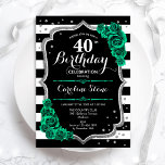 Groen Zilver Zwart & Wit Strepen 40e Verjaardag Kaart<br><div class="desc">Uitnodiging voor het 40e verjaardagsfeestje. Elegant bloemig smaragdgroen design met faux glitter zilver en rozen. Voorzien van zwart-witte strepen en script lettertype. Perfect voor een stijlvolle vrouwendag. Kan voor om het even welke leeftijd worden aangepast! Gedrukte Zazzle-uitnodigingen of direct download digitale afdrukbare sjabloon.</div>