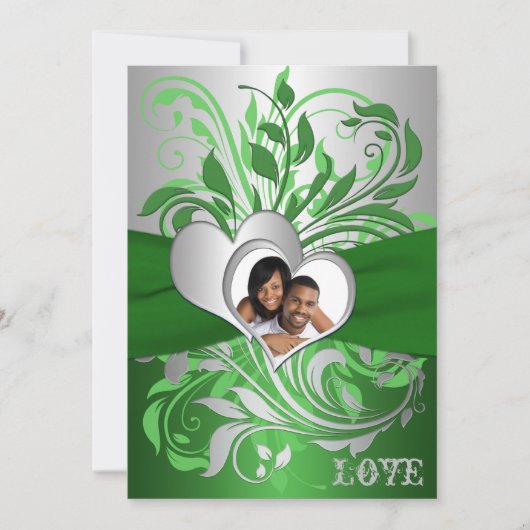 Groen, Zilveren Scroll, Hearts Photo Wedding Invit Kaart (Voorkant)