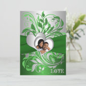 Groen, Zilveren Scroll, Hearts Photo Wedding Invit Kaart (Staand voorkant)