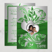 Groen, Zilveren Scroll, Hearts Photo Wedding Invit Kaart (Voorkant / Achterkant)