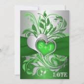 Groen, Zilveren Scroll, Hearts Wedding Uitnodiging (Voorkant)
