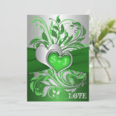 Groen, Zilveren Scroll, Hearts Wedding Uitnodiging (Staand voorkant)