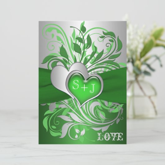 Groen, Zilveren Scroll, Hearts Wedding Uitnodiging (Staand voorkant)