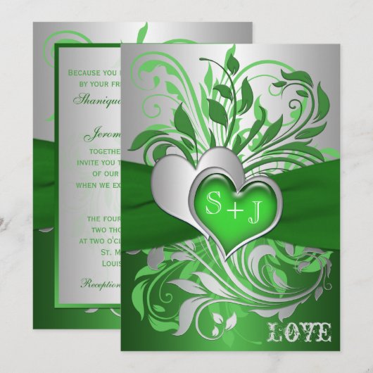 Groen, Zilveren Scroll, Hearts Wedding Uitnodiging (Voorkant / Achterkant)